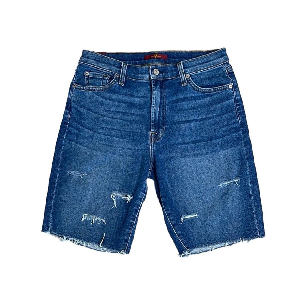 7 FOR ALL MANKIND Distressed Raw Hem Denim Bermuda Shorts Women’s Size 27